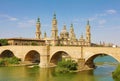 Zaragoza - The panorama with the bridge Puente de Piedra and Cathedral Basilica del Pilar Royalty Free Stock Photo