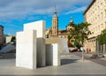 Zaragoza, Spain/Europe; 12/1/2019: Fountain of the Hispanicity in Pillar Square Plaza del Pilar and the church of San Juan de