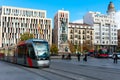 Zaragoza, Spain/Europe; 12/1/2019: Spain Square with a tram in the downtown of Zaragoza, Spain