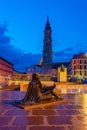 Zaragoza, Spain, May 30, 2022: Night view of statue of Francisco