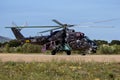 ZARAGOZA, SPAIN - MAY 20,2016: Special painted Czech Republic Air Force Mil Mi-24 Hind attack helicopter taxiing on Zaragoza Royalty Free Stock Photo