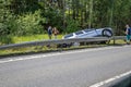 Zarasai, Lithuania- July 15, 2023: Volvo wagon estate car crashed into side road barrier