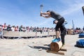 Zarautz, Gipuzcoa / Spain - May 12 2019: Wood chopping demostration in basque country