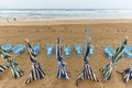 Zarautz village sand beach with umbrellas cloudy day. Spain Royalty Free Stock Photo