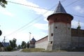 Southern side of medieval Zaraysk kremlin, fortress walls and towers. Sunny summer view. Royalty Free Stock Photo