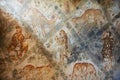 Fragment of the Roman mural wall decoration at an ancient Umayyad Desert Castle of Qasr Amra in Zarqa, Jordan. Royalty Free Stock Photo