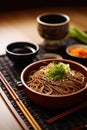 Zaru soba buckwheat noodles with dipping sauce. Generative AI.