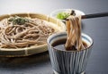 Zaru-soba placed on a black background. Soba noodles dipped in noodle soup Royalty Free Stock Photo