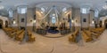 ZASLAVL, BELARUS - SEPTEMBER 2021: 360 seamless hdri panorama view inside interior baroque catholic church of saint trinity in