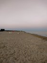 Zatoka, Odessa, Ukraine - September 4, 2021: Beach scene after sunset. Beach loungers on the Black Sea coast. Mobile photography Royalty Free Stock Photo