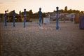 Zatoka, Odessa, Ukraine - September 3, 2021: A series of shots of seagulls walking along the beach among the Pepsi-Cola umbrellas