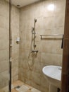 Zatoka, Odessa, Ukraine - September 6, 2021 Shower room interior in Robinson Park Hotel room. Review of the hotel