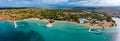 Zaton, Croatia - Aerial panoramic view of Zaton tourist waterfront with turquoise sea water, Nin village and Velebit mountains Royalty Free Stock Photo