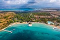 Zaton, Croatia - Aerial view of Zaton tourist waterfront with turquoise sea water, Nin village and Velebit mountains Royalty Free Stock Photo