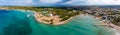 Zaton, Croatia - Aerial wide panoramic view of Zaton tourist waterfront with turquoise sea water and Nin village Royalty Free Stock Photo