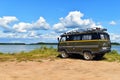 Zavidovo. Russia. 06.06.2019. The car for driving on off road terrain on the seashore. Travelers by car
