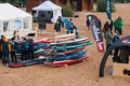 Zavidovo, Russia 21 September 2019: Stand Up Paddle tournament. men and women extreme sports and adventure Royalty Free Stock Photo