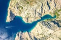 Zavratnica bay fjord under Velebit mountain aerial panoramic view Royalty Free Stock Photo