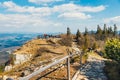 Hikers travel in the Babia Gora Mountain with a backpack