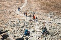 Hikers travel in the Babia Gora Mountain with a backpack