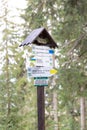 ZAWOJA, POLAND - SEPTEMBER 16, 2018: Hiking trail signpost in Polish Beskid Mountains with trails direction to Babia Gora Mountai
