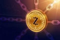 Zcash. Crypto currency. Block chain. 3D isometric Physical Zcash coin with wireframe chain. Blockchain concept. Editable Cryptocur