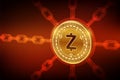 Zcash. Crypto currency. Block chain. 3D isometric Physical Zcash coin with wireframe chain. Blockchain concept. Editable Cryptocur
