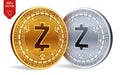 Zcash. Crypto currency. 3D isometric Physical coins. Digital currency. Golden and silver coins with Zcash symbol isolated on white