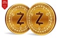 Zcash. Crypto currency. 3D isometric Physical coins. Digital currency. Golden coins with Zcash symbol isolated on white background