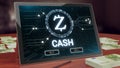 Zcash cryptocurrency logo on the pc tablet display. 3D illustration