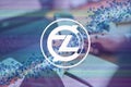 ZClassic, ZCL cryptocurrency sign. Business person, trader, investor, analyst using mobile phone app analytics to analyze