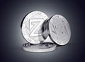 Zcoin cryptocurrency physical coin concept on gently lit dark background.