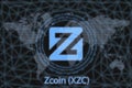 Zcoin XZC Abstract Cryptocurrency. With a dark background and a world map. Graphic concept for your design