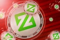 Zcoin XZC crash, bubble. Zcoin XZC cryptocurrency coins in a bubbles on the binary code background