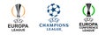 Zdolbuniv, Ukraine - July 3, 2023: Official UEFA European cup logo icons. Champions League, UEFA Europa League, Europa Conference