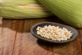 Zea mays - Wooden bowl with raw corn kernels, on wooden background Royalty Free Stock Photo