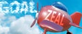 Zeal helps achieve a goal - pictured as word Zeal in clouds, to symbolize that Zeal can help achieving goal in life and business,