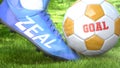 Zeal and a life goal - pictured as word Zeal on a football shoe to symbolize that Zeal can impact a goal and is a factor in