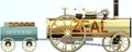 Zeal and success - symbolized by a retro steam car with word Zeal pulling a success wagon loaded with gold bars to show that Zeal