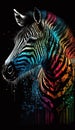 Zebra. Abstract, neon, multicolored portrait of zebra head on a dark blue background with bright splashes of paint.