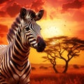 Zebra on african sunset with acacia of Wildlife and wilderness Map of africa concept Royalty Free Stock Photo