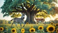 Young Zebra and Impala in Sunflower Field with Giant Tree Royalty Free Stock Photo