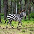 A zebra with black and white stripes walks through a sun dappled forest with green foliage Royalty Free Stock Photo