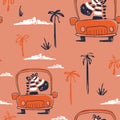 Zebra on car funny cool summer t-shirt seamless pattern. Road trip vacation print design. Beach tropical