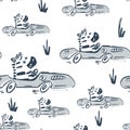 Zebra car race funny cool summer t-shirt seamless pattern. Road trip vacation print design. Beach sports