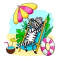 Zebra in cartoon style on the beach, summer postcard vector