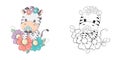 Zebra Clipart Multicolored and Black and White. Beautiful Clip Art Zebra in Colorful Flowers. Vector Illustration of an