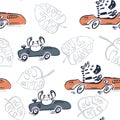 Zebra, crab car race funny cool summer t-shirt seamless pattern. Road trip vacation print design. Beach sports Royalty Free Stock Photo