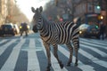 Zebra crosses the street on a zebra crossing. Generative AI