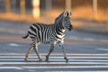 Zebra crosses the street on a zebra crossing. Generative AI